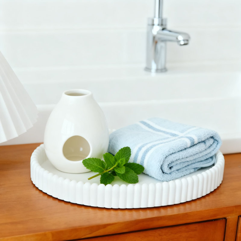 Scalloped Concrete Tray For Home Decor, Modern Oval Centerpiece Tray For Coffee Table, Living Room, And Kitchen, White