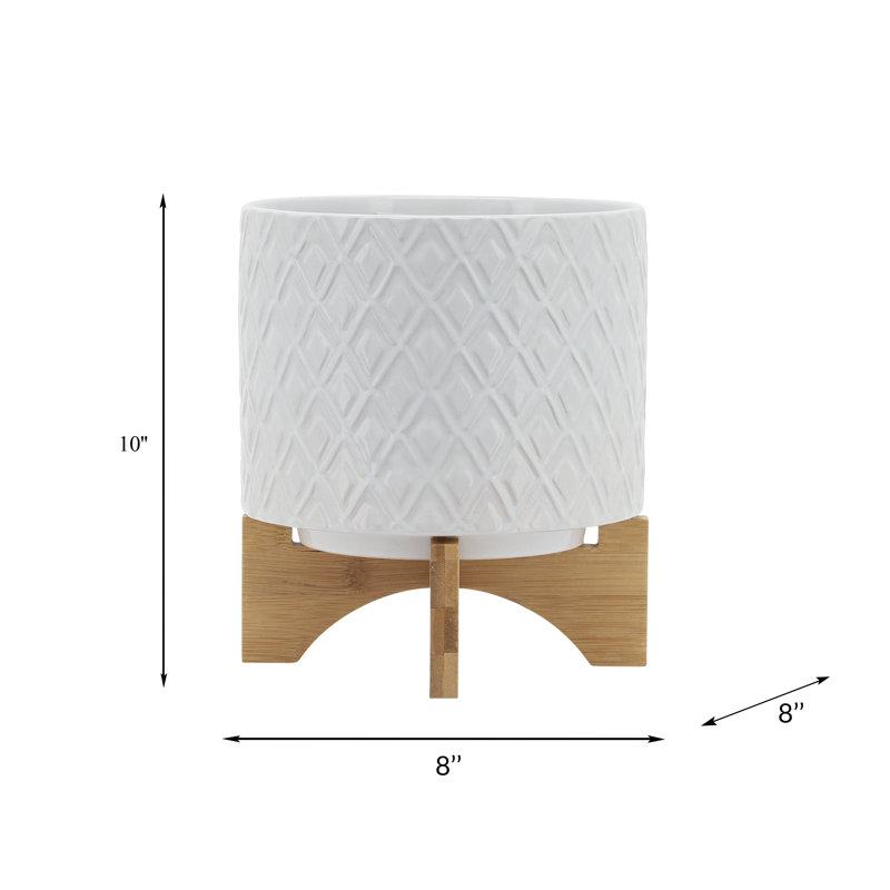 Modern Ceramic Planter with Wooden Stand - Stylish Textured Design, Contemporary Home Decor Accent, Durable Stoneware Construction, Sleek and Minimalist Look for Indoor Spaces