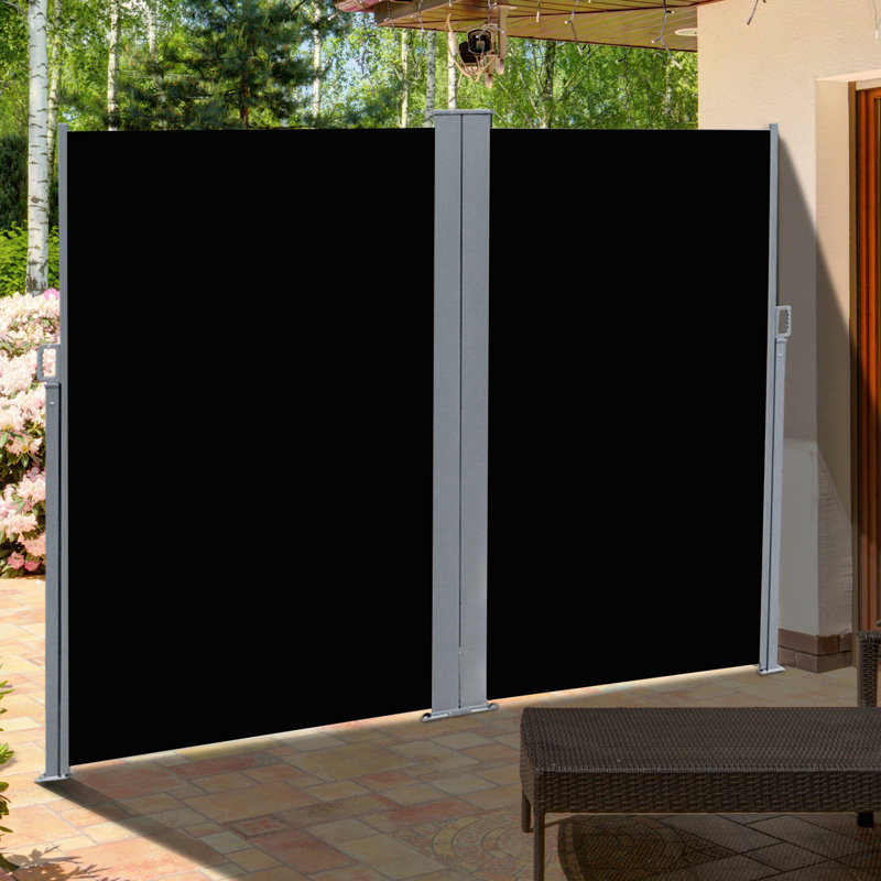 Auvent de bureau 20 '- Double tissu rétractable et structure en acier noir avec fonction de retrait automatique et cadre
