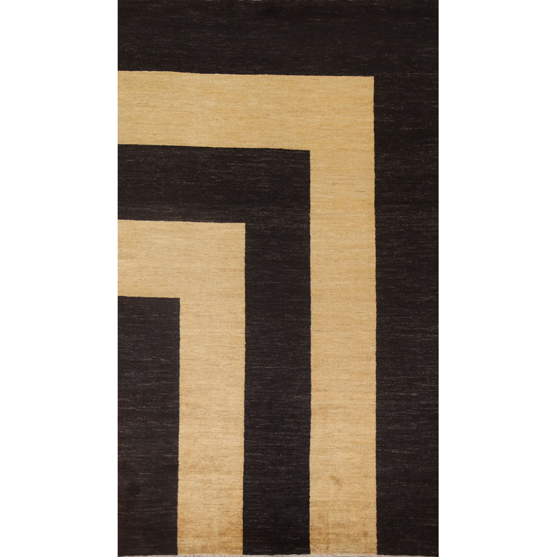 Tapis noir en laine noué à la main de conception unique 6 pi 8 po x 10 pi Bacall, L 80 po x L 120 po