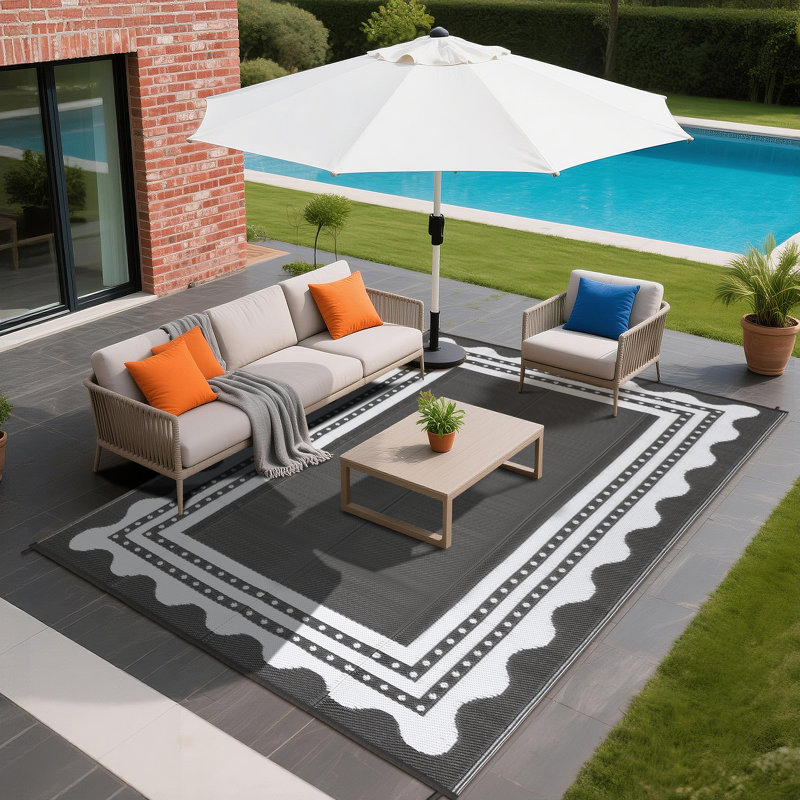 Scalloped Border Outdoor Rug - Waterproof Reversible Patio Mat, UV & Stain Resistant, Easy Rinse Deck Carpet for Backyard, Poolside, Camping