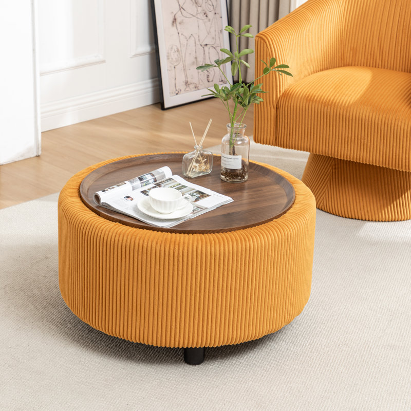 Table basse ronde avec rangement Pietsch, Velours côtelé jaune