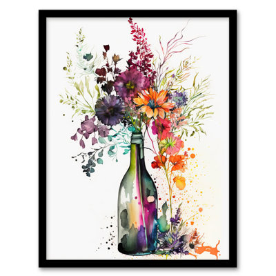 Wine Bottle Flowers Orange Pink Purple Blooms 1 Piece Single Picture Frame Wall Art
