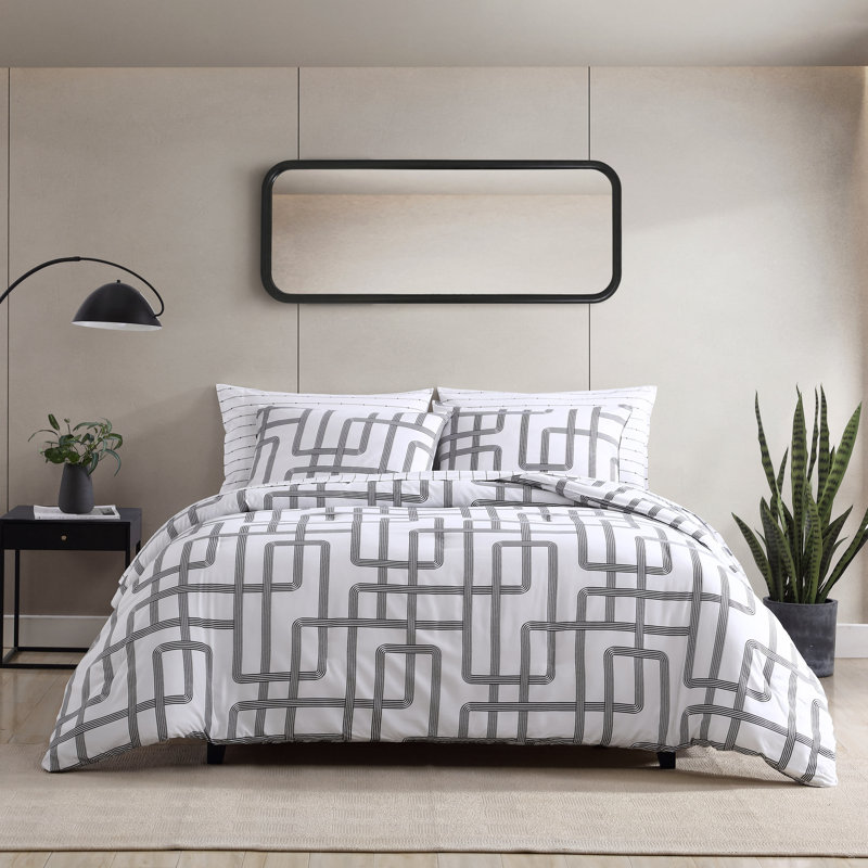 Twin White Microfiber Comforter and Sham Set with Geometric Pattern