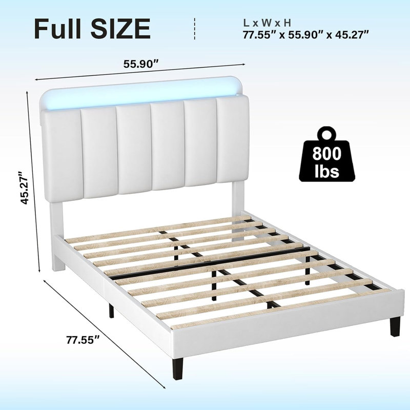 Structure de lit avec rangement, lit plateforme tapissier avec tête de lit à DEL, Double, Blanc