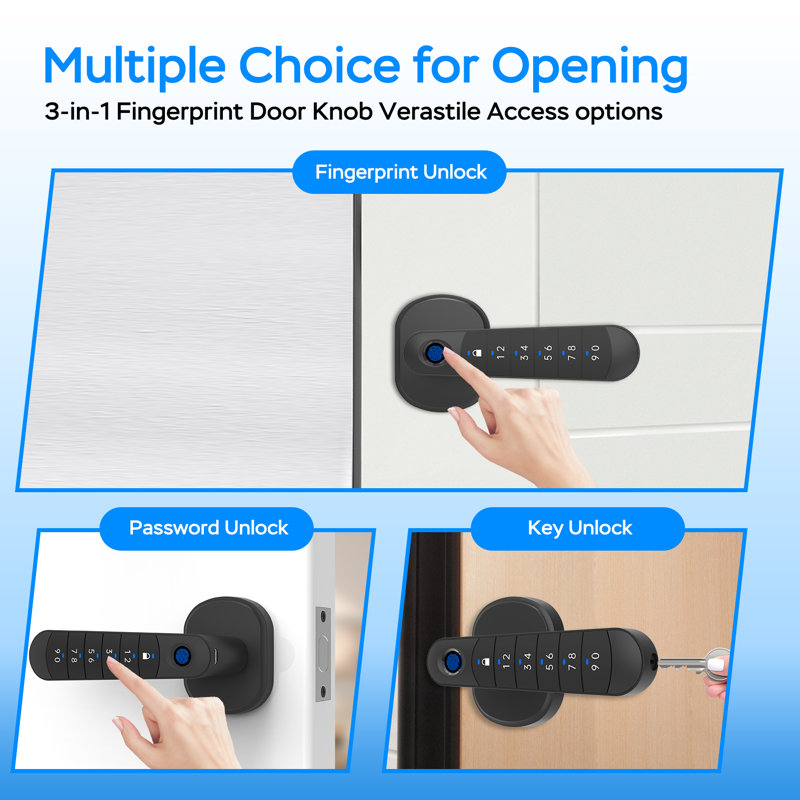 Poignée de porte d'entrée sans clé à empreinte digitale, poignée de porte intelligente biométrique 3 en 1 avec empreinte digitale, code d'accès et clé mécanique, serrure intérieure à clavier avec verrouillage automatique pour chambre, bureau, noir