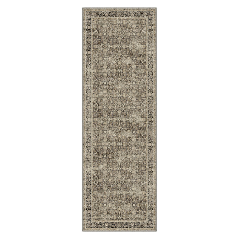 Roehit Distressed Medallion Olive & Charcoal Vintage-Style Oriental Performance Area Rug, Runner 2' x 10'