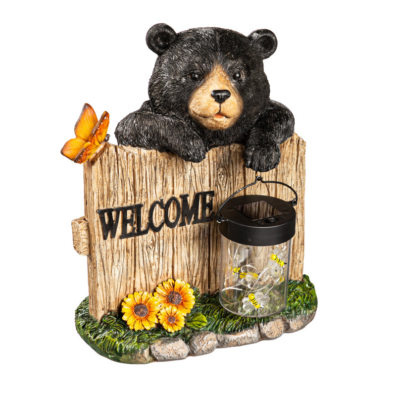 Statue de jardin ours avec lanterne solaire, H 8,27 po x l 9,45 po x P 10,63 po