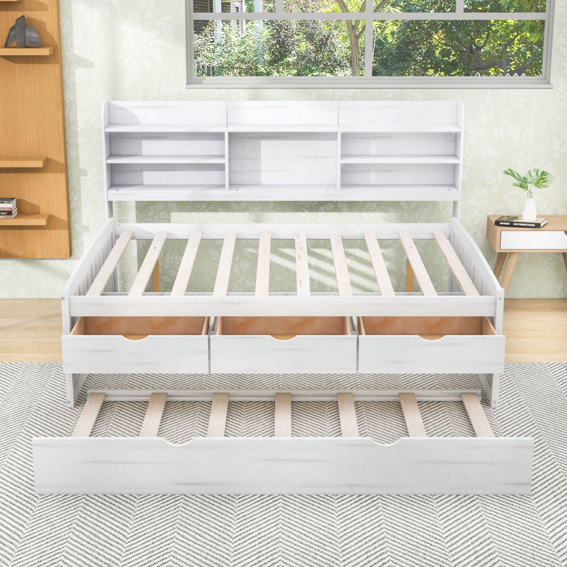 3 Drawers Full Wooden Captain Bed with Twin Trundle and Shelves, White Wash
