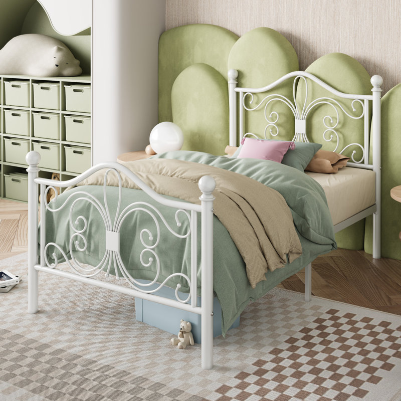 Anterrio Metal Open-Frame Bed with Butterfly Pattern Design Headboard and Footboard, Twin, White