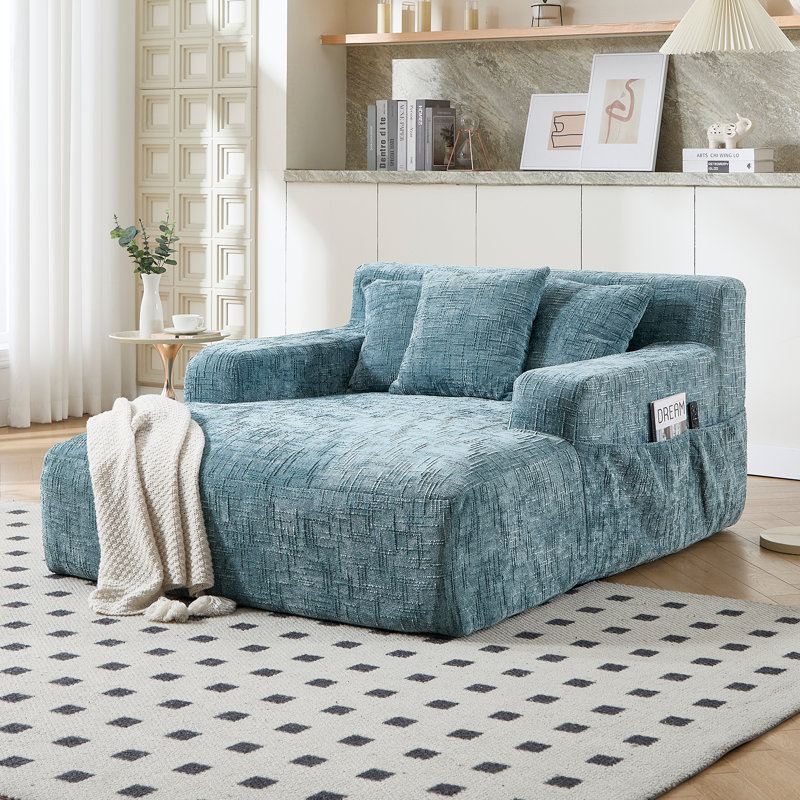     Chenille Chaise Lounge Chair Indoor,Single Sleeper Sofa Chair with Pillows,Comfy Compression Sofa Bed for Livingroom,Bedroom,No Assembly Required-Blue