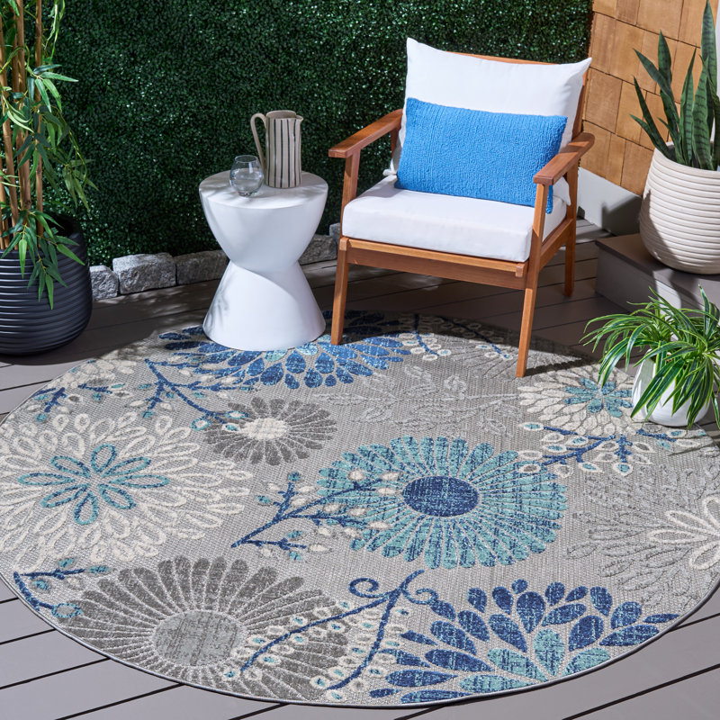 Kellems Performance Floral Indoor/Outdoor Area Rug, Round 10', Gray/Blue