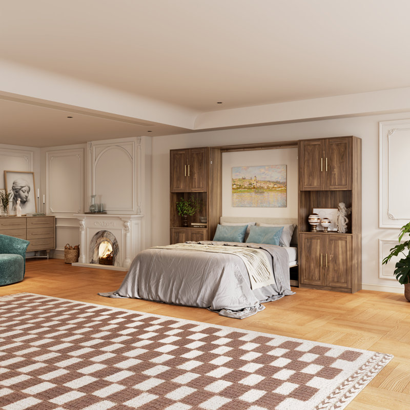 Queen Farmhouse Murphy Bed With 2 Storage Cabinets,space-saving Wall Bed For Multipurpose Room, Brown
