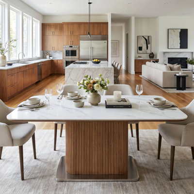 Modern 62.99" Rectangular Sintered Stone Dining Table with Solid Wood Fluted Base, Seats 4-6 People for Kitchen and Dining Room