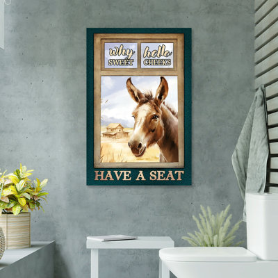 Donkey Smile - Hello Sweet Cheeks Gallery Wrapped Canvas - Bath And Laundry Animal Illustration Decor, Brown And Blue Bathroom Decor