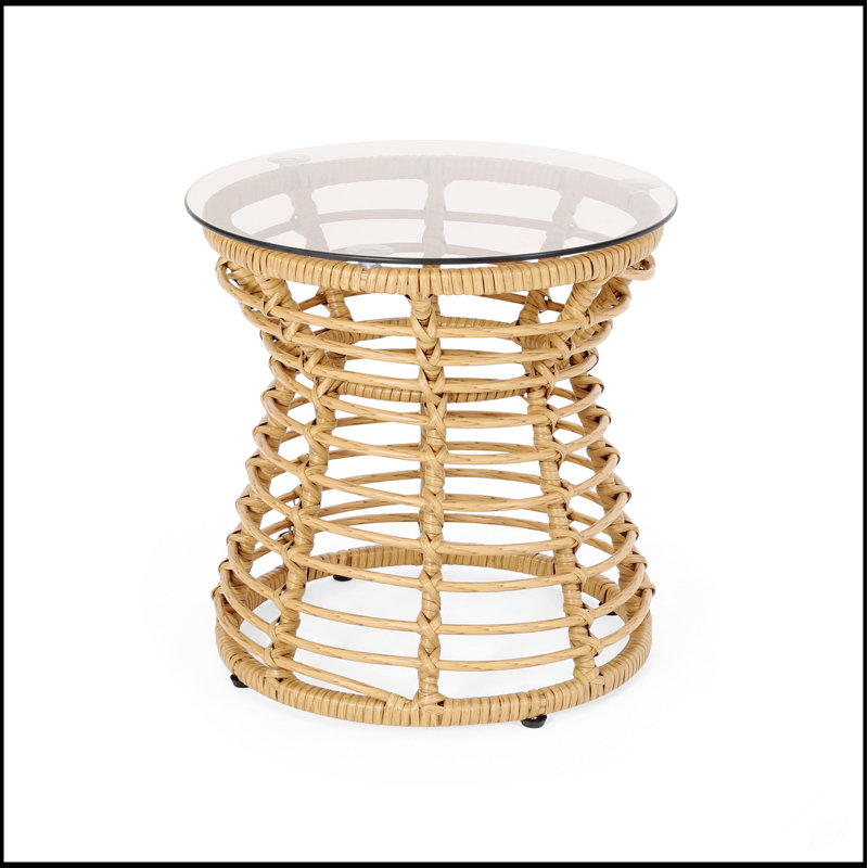 Table d'appoint charmante en osier avec plateau en verre trempé pour l'extérieur et décor bohème chic
