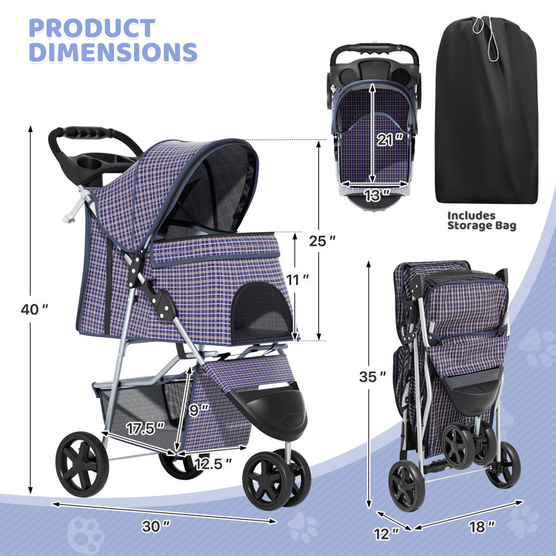 Foldable Pet Dog and Cat Stroller with Adjustable Canopy Storage Basket and Cup Holder for Small and Medium Pets
