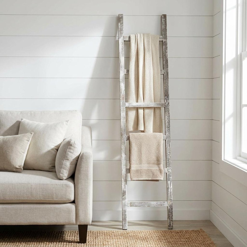 Orla Rustic Step Wood Ladder Shelf, White, (6 Shelves) 72" H x 16" W x 2" D