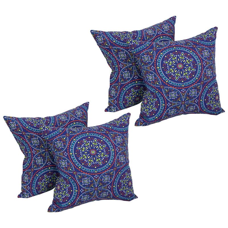 Set of 4 Blue Patterned Polyester Outdoor Throw Pillows