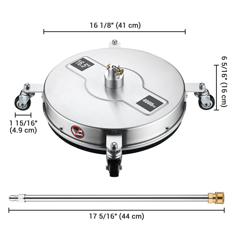 Nettoyeur de surface 16,5 "avec 4 roues de Yescom - Nettoyeur de surface en acier inoxydable pour accessoire de nettoyage à pression pour béton, trottoir, patio, terrasse, allées et lavage quotidien - 4000 PSI