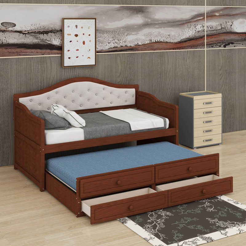 Twin Size Daybed With Trundle, Wooden Sofa Sleeper Bed Frame With 2 Storage Drawers,Upholstered Button Tufted Backrest