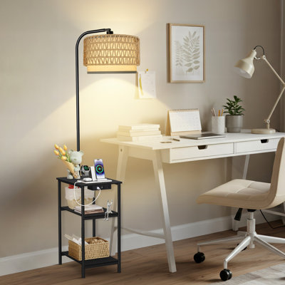 Floor Lamp With End Table And Remote Control Wicker Double Lampshade
