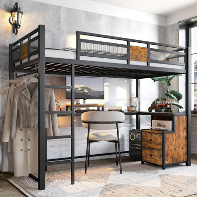 Lit mezzanine simple en métal noir TG avec bureau d'étude et tiroirs de rangement en tissu, zone de configuration de sommeil silencieux, réduction du bruit pour