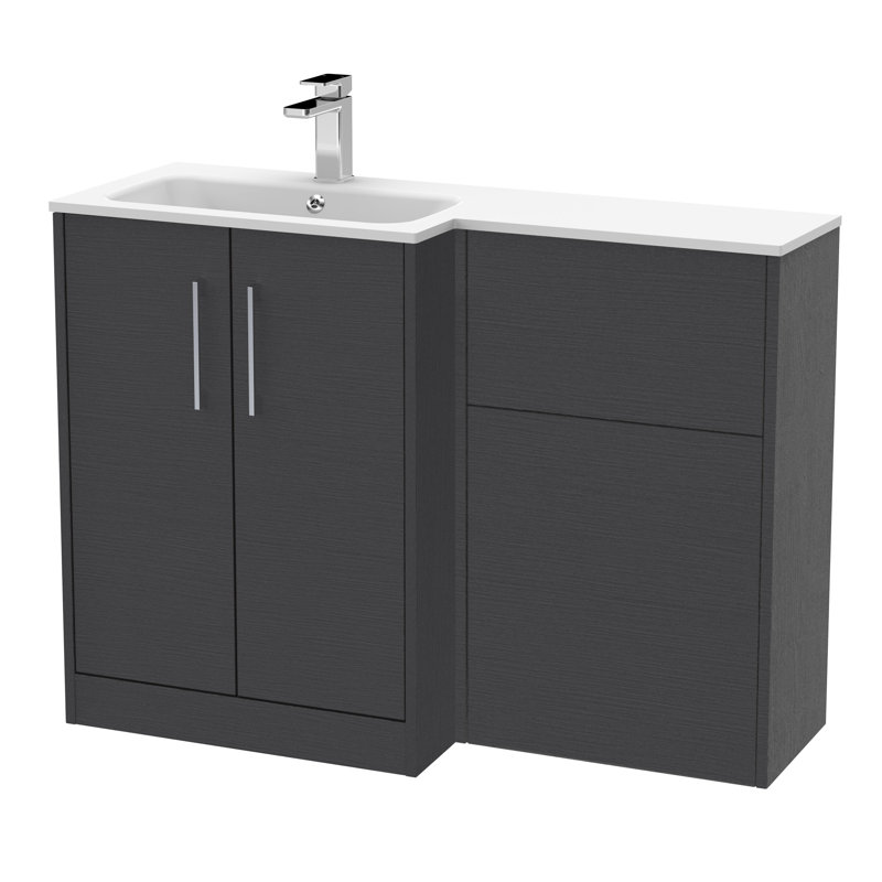 Hudson Reed Juno Coastal Grey 1100mm x 390mm Combination Unit & Stone Basin Left Hand, Graphite Grey Woodgrain, 111cm W