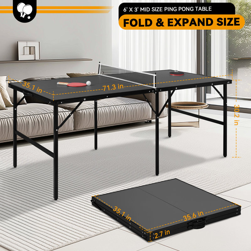 Raychee 72" Ping Pong Table Mid Size Foldable Table Tennis Table With 2 Paddles, Game Net And 2 Balls, Black