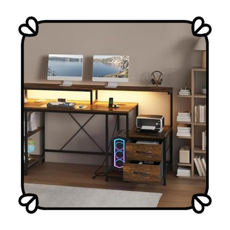 Bureau ergonomique 63 po avec éclairage à DEL RVB, support pour écran double, prises de courant intégrées et espace pour imprimante