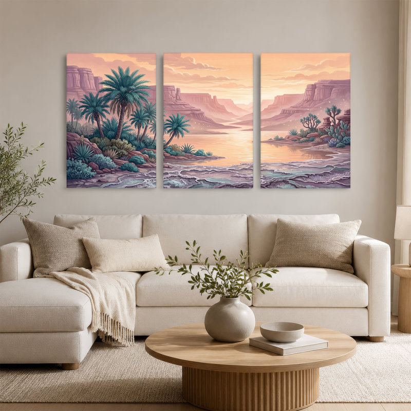 "Desert River Canyon" avec palmiers et ensemble de 3 toiles orange, 24"H x 16"W x 3pcs