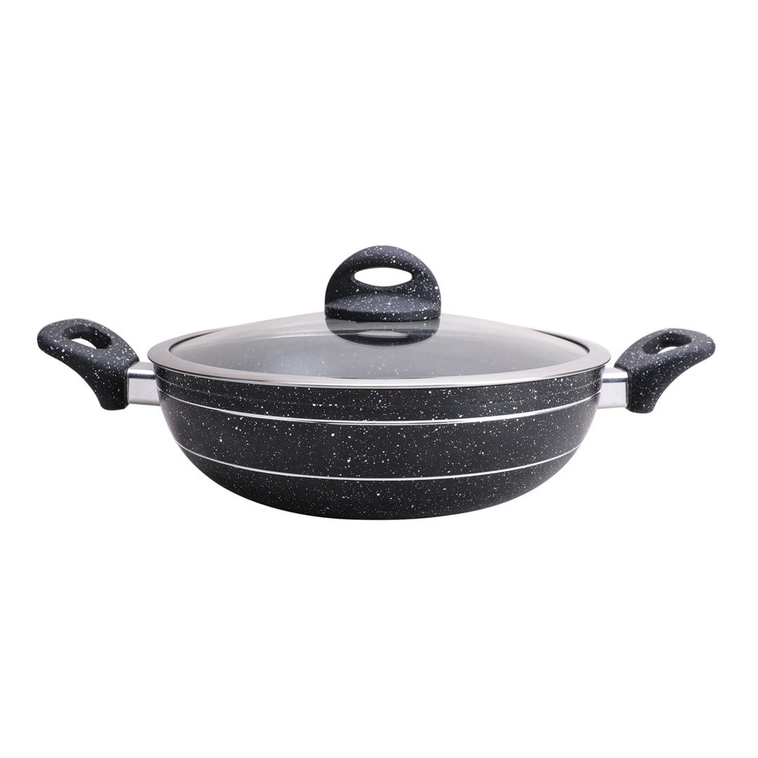 ROYALFORD Wok Pan 28Cm | Induction Safe Frying Pan with Tempered Glass Lid | Forged Aluminium Cookware with 5-Layer Non-Stick Granite Coating Cooking