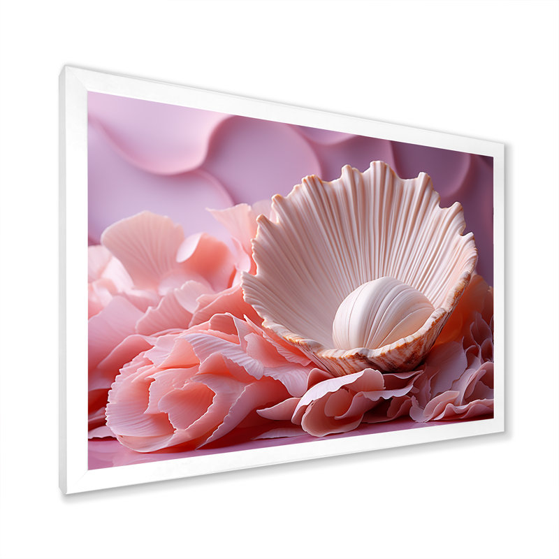 Romantisme, coquillages II sur toile, H 24 po x l 32 po x P 1 po, Cadre simple blanc