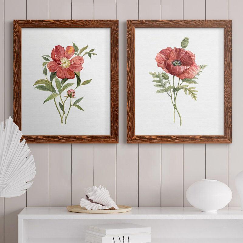 Pivoine écarlate - ensemble de 2 reproductions d'art, Pas de tapis, H 20 po x l 17 po x P 1 po, Toile avec cadre érable
