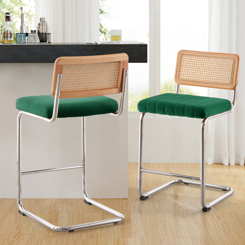 Tabouret rembourré en velours Krickelin, Tabouret de comptoir (siège d'une hauteur de 26 p, Argent, Vert foncé
