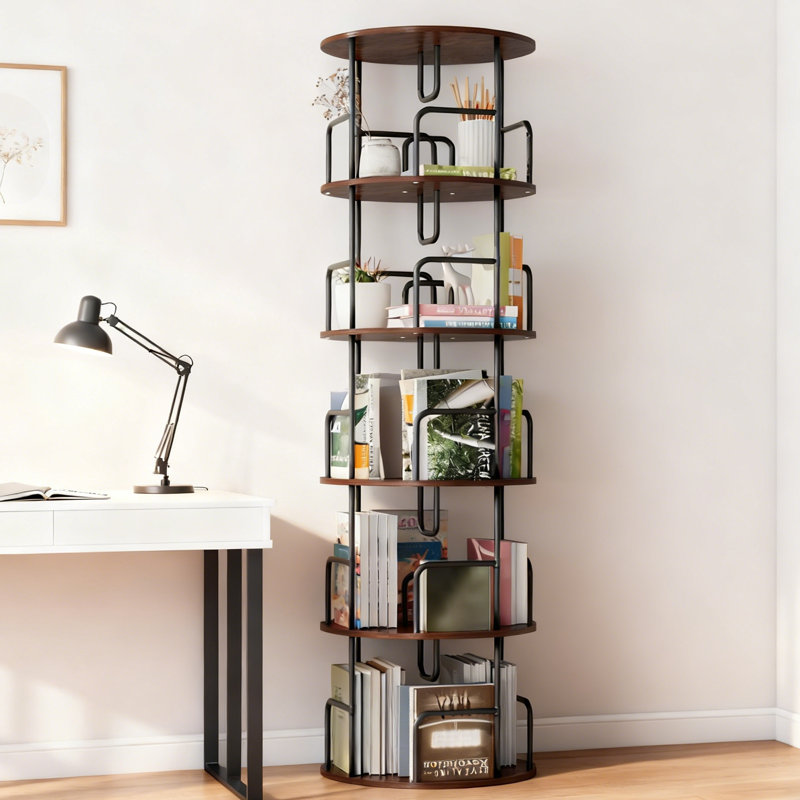 Rotating Bookshelf 5 Tier, Spinning Bookcase, Tall Narrow Bookcase Display Bookshelf, Small Space Rotating Bookshelf Tower For Bedroom, Living Room, Home, Office,Brown