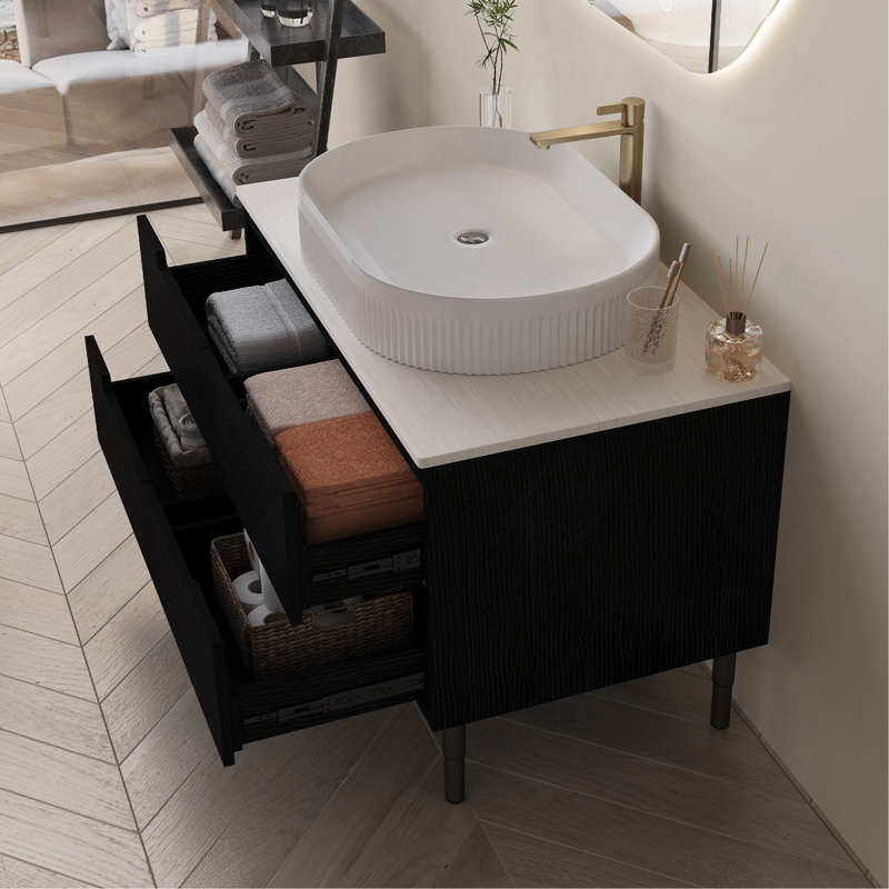 Meuble-lavabo de 36 pouces, autoportant ou mural avec lavabo intégré en céramique et tiroirs à fermeture en douceur, Black