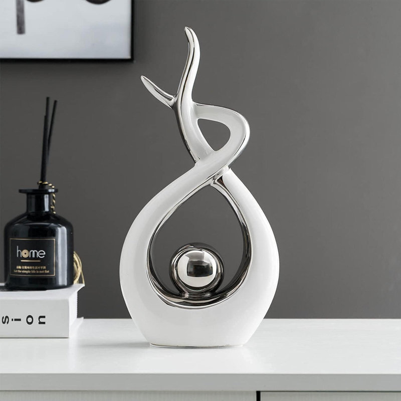 Sculpture moderne moderne en céramique, H 12,2 po x l 6,29 po x P 2,36 po, White/Silver