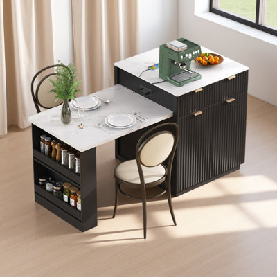 Îlot de cuisine cannelé 82,6 po avec table de salle à manger extensible pour 4 à 6 personnes, table d'îlot de cuisine avec prise de courant, table de cuisine avec rangement double-face