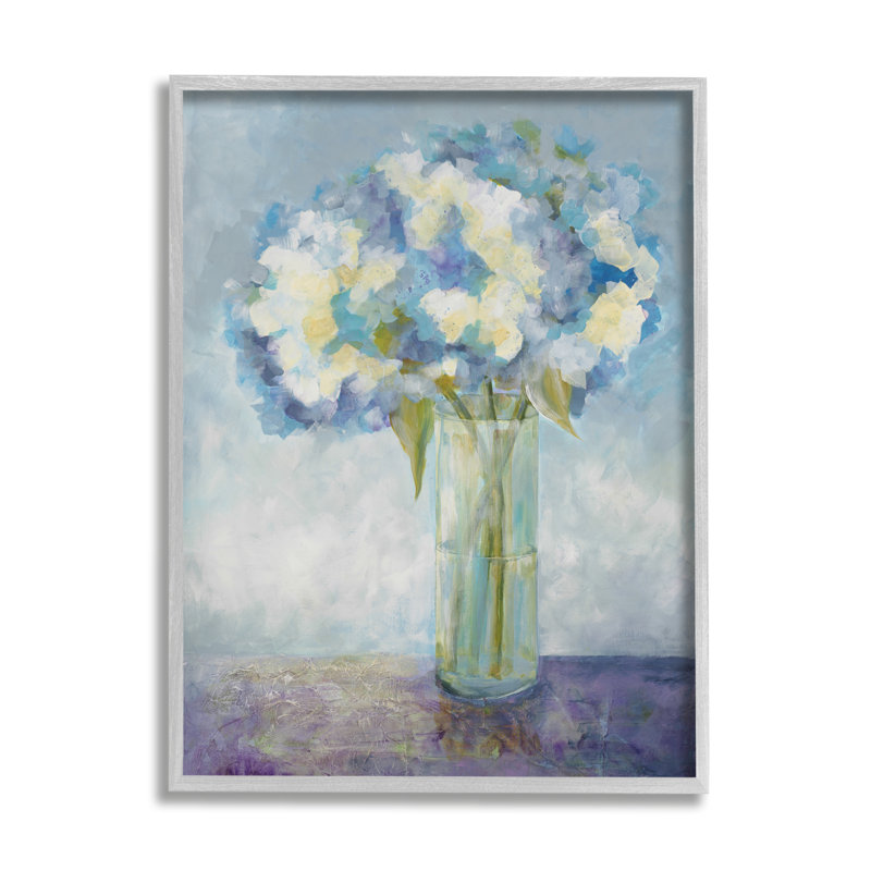 Magnifique bouquet de fleurs d'hortensias blanc et bleu par Doris Charest - Peinture, H 20 po x l 16 po x P 1,5 po