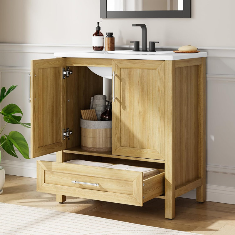30" Bathroom Vanity with Sink, Freestanding Wood Vanity with Drawer, Natural Wood, 30", Natural Wood
