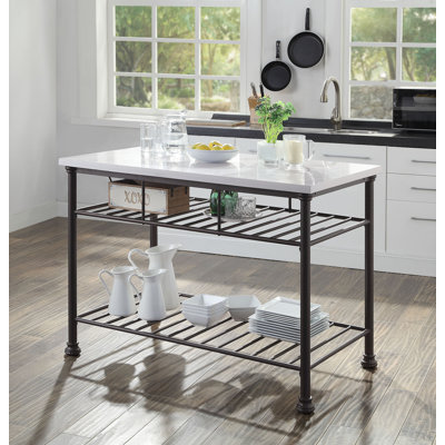 White Cultured Marble Top & Grey Finish Kitchen Island