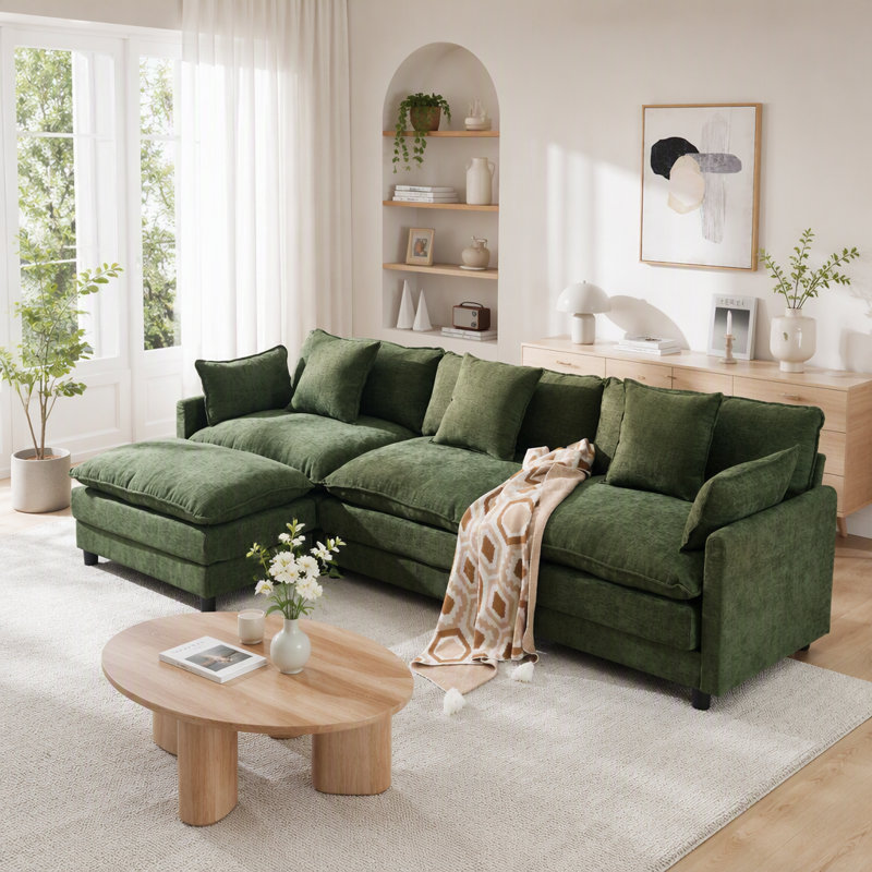 Canapé modulaire en forme de L 108 po en forme de nuage avec repose-pieds et siège profond en chenille 4 places 108 po, Vert