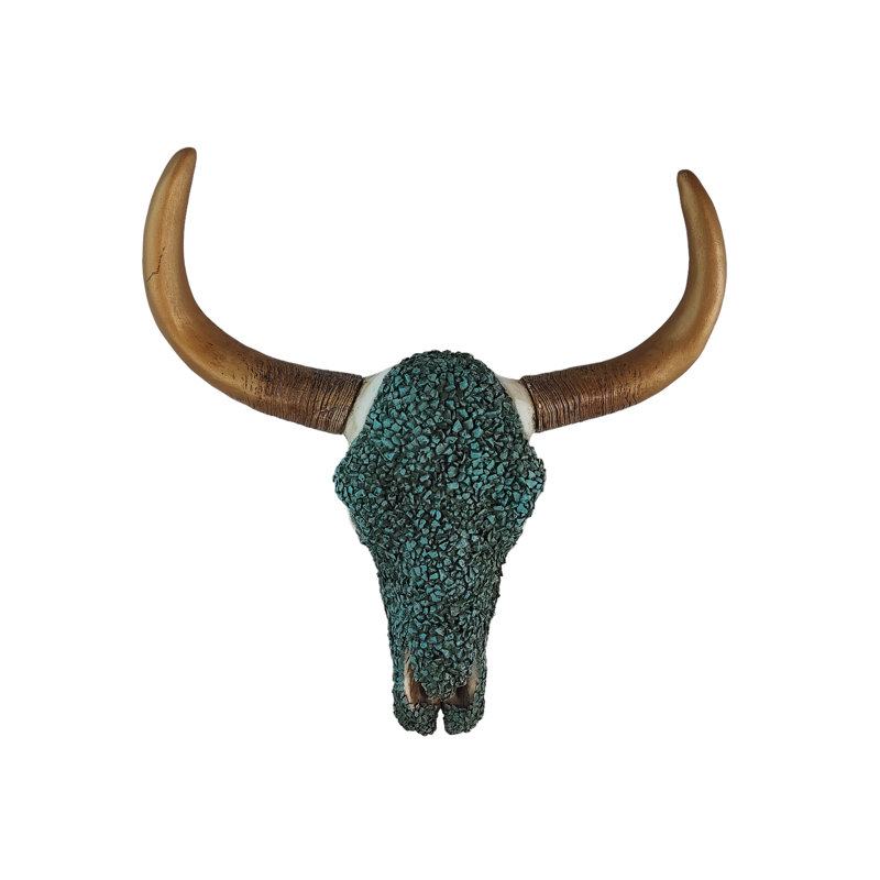 Resin Southwestern Wall Decor Turquoise Cow/Bison Skull with Gold-Tone Horns Design