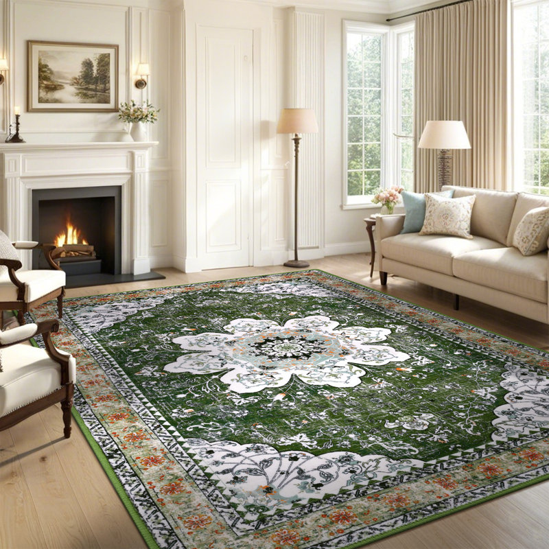 Machine Washable Non-Slip Green Oriental Area Rug, Rectangle 5' x 8'