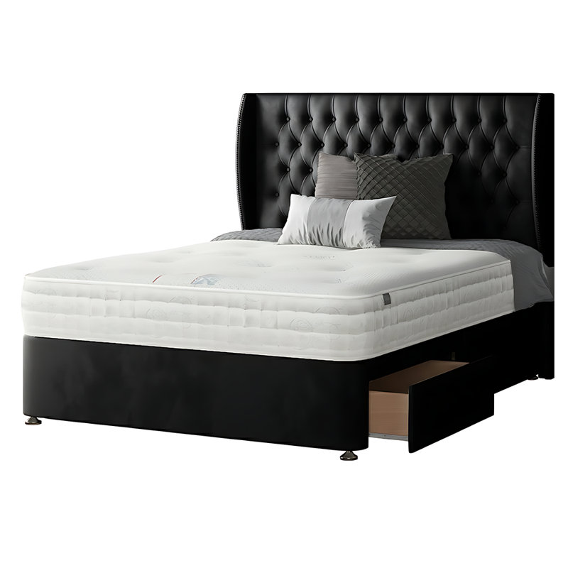 Mandalay Divan Bed Base, Double, Black, 2 Foot-End Drawers