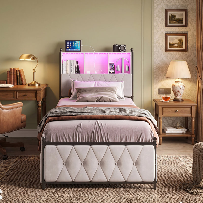 3ft Single Bed Frame with 2 Storage Drawers, Upholstered Platform Bed with Headboard & LED Light, Velvet Fabric Single Bed with Charging Station, Beige(90x190cm, UK Plug)