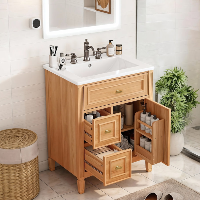 Meuble-lavabo 24 po avec lavabo - tiroir simple et double tiroir, tablette réglable, bois massif et panneau de fibres à densité moyenne