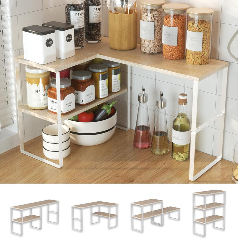 Tablette de coin de comptoir, tablettes de coin empilables réglables à 2 niveaux pour la cuisine, la salle de bain, le support à épices, le bar à café, l'évier, la table de commode, le support de tablette de coin, beige naturel