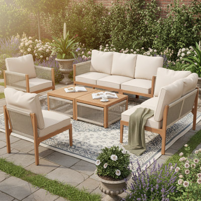 Acacia Wood 7-seat Corner Sofa Set With Coffee Table & Rope Armrests
